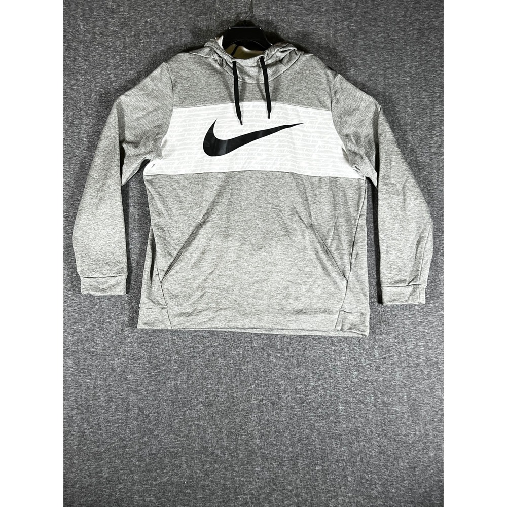 Nike Dri-FIT Mens XL Heathered Grey White Swoosh Graphic Pullover Hoodie